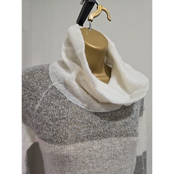 Mohair Wool Blend Y2K Wide Stripe Sweater Tunic Womens Med Cream Gray Minimalist - Picture 2 of 8